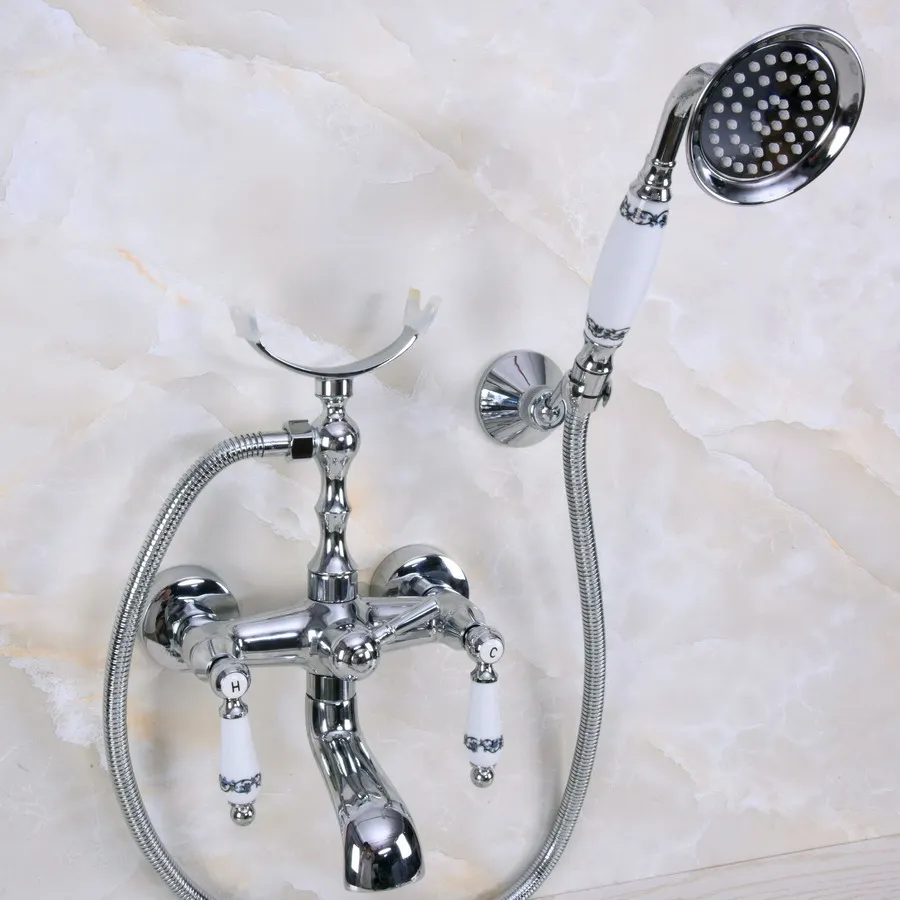 

Modern Wall Mount Polished Chrome Brass Bathroom Tub Faucet Clawfoot Hand Shower Mixer Tap Telephone Shape Hand Spray ana239