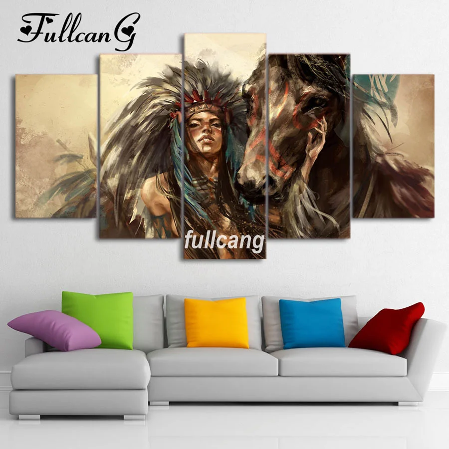 

FULLCANG Full Square Diamond Embroidery American Indians Horse 5D Diamond Painting Cross Stitch 5PCS Mosaic Needlework D511