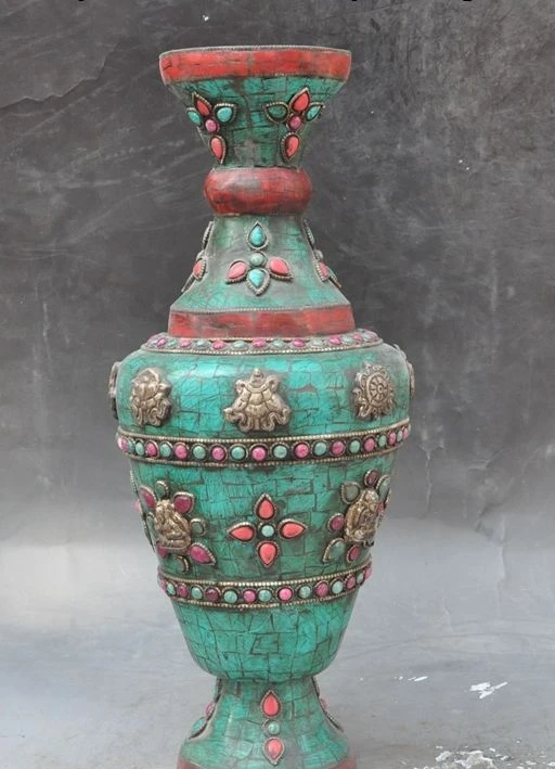 

14"Old tibet bronze Inlay Turquoise Coral Eight treasures buddha Bottle Pot Vase