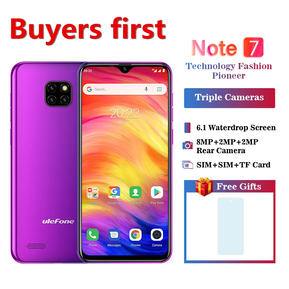 

2019 NEW Ulefone Note 7 Smartphone 3500mAh 19:9 MTK6580 Quad Core 6.1" Waterdrop Screen 1GB+16GB Mobile phone WCDMA Android 8.1