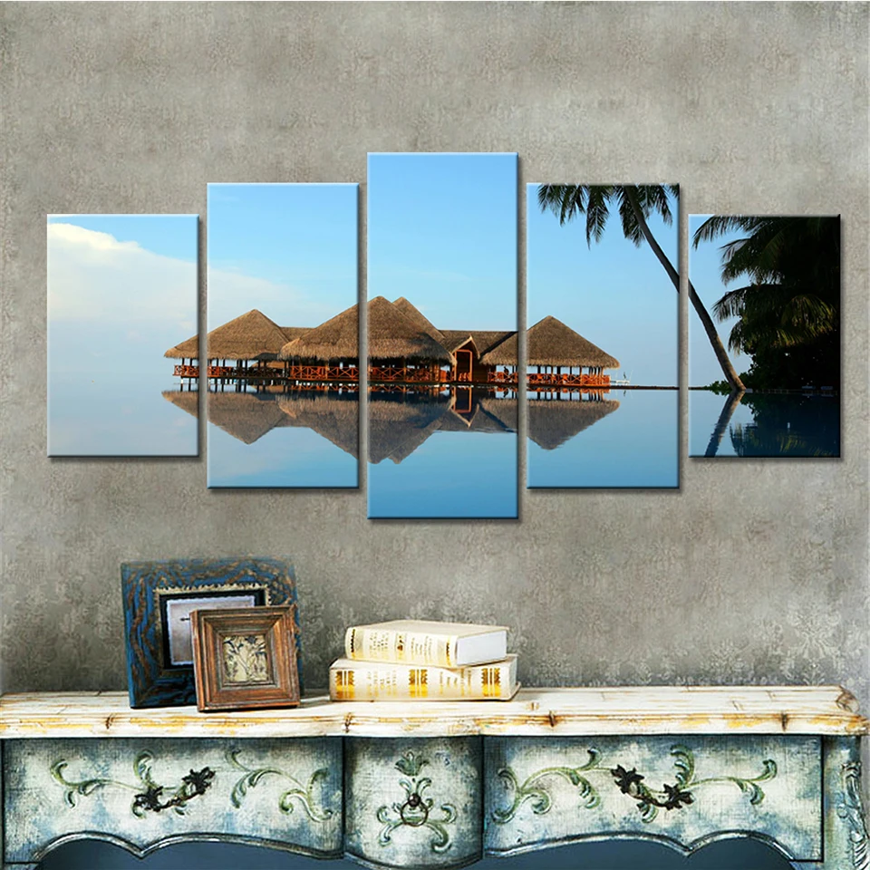 

Wall Art Pictures Home Decoration Posters Frame 5 PiecePcs Seaside Cottages Landscape Modern Living Room HD Printed Painting