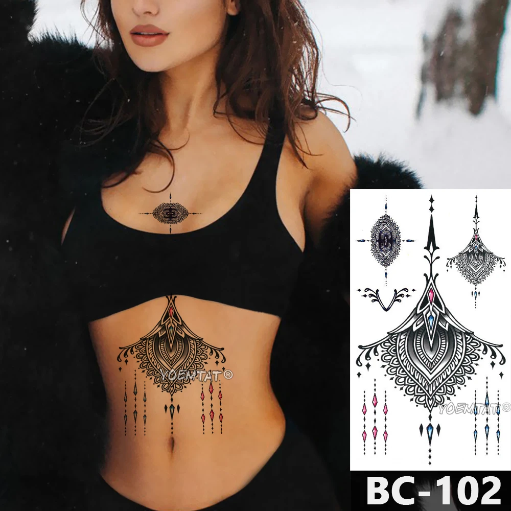 

1 Sheet Chest Body Tattoo Temporary Waterproof Jewelry Scalloped gem mandala pattern Decal Waist Art Tattoo Sticker for Women