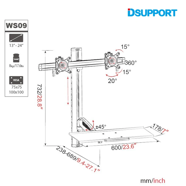  WS09 Wall Mount Ergonomic Full Motion Sit-stand Dual Screen 13