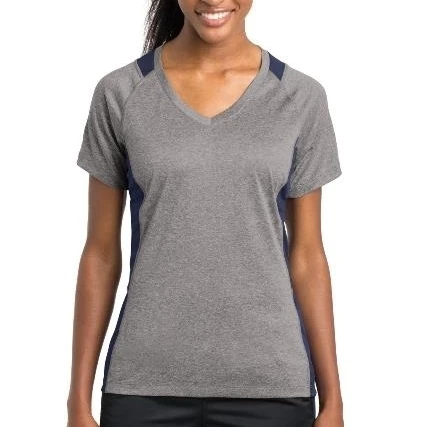 Sport-Tek LST361 Ladies Heather Colorblock Contender V Neck Tee Vintage Heather & True Navy - Extra Large (1)