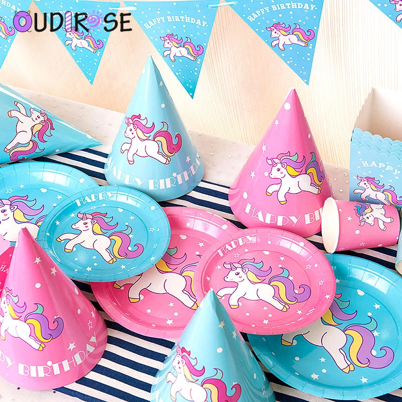 

OUDIROSE Unicorn Disposable Tableware Paper Cup Plate Napkin Unicorn Birthday Party Decoration Children Party Supplies Unicornio