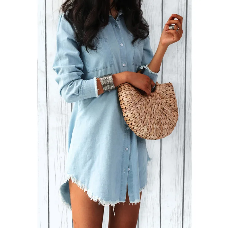 

Women Casual Denim Shirt Dress Ladies Long Sleeve Turn-Down Collar Office Lady Dress 2019 Spring New Fashion Shirt Dress W3