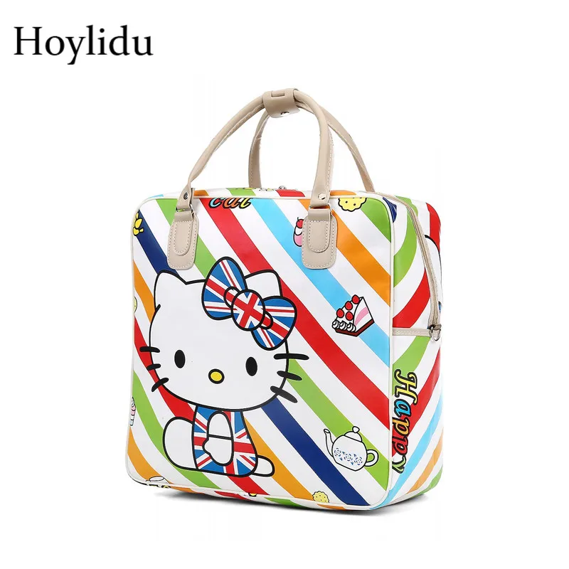 

PU Leather Unisex Travel Duffle Bags Women Cartoon Hello Kitty Bag Portable Large Capacity Waterproof Male Clothing Luggage Tote