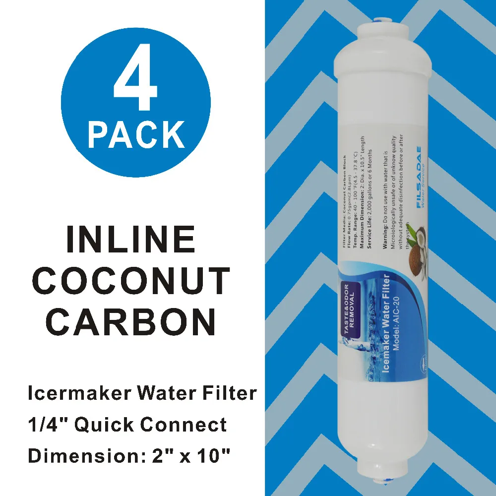 

4 PACK 10-Inch Inline Coconut Carbon filters Icemaker and Refrigerator RO Dispenser Drinking Water Filter 1/4" Quick Push Fit