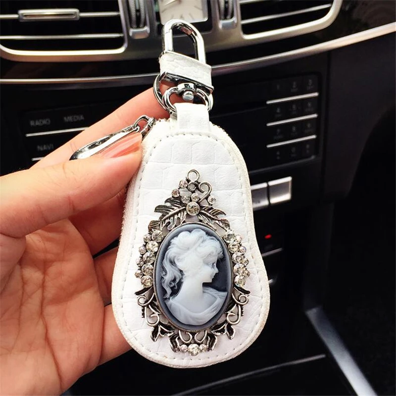 

Vintage Car Key Wallets women Key Holder Housekeeper Keys Organizer Women Keychain Covers Zipper Key Case Bag white Pouch Purse