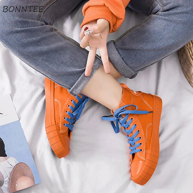 

Vulcanize Shoes Women 2019 Flat Canvas Womens All-match Korean High Top Walking Casual Simple Breathable Trendy Solid Non-slip
