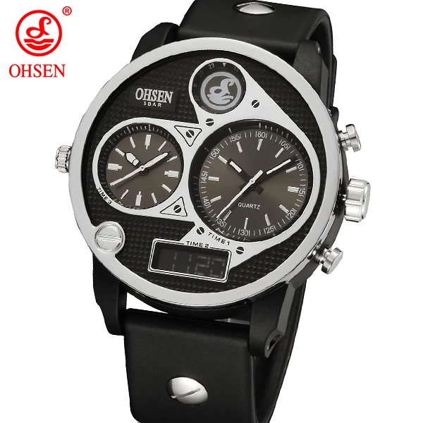 Известный бренд OHSEN кварцевые цифровые спортивные мужские часы с двумя зонами дисплей черный резиновый ремешок модные популярные наручные часы reloj masculino - Цвет: Black