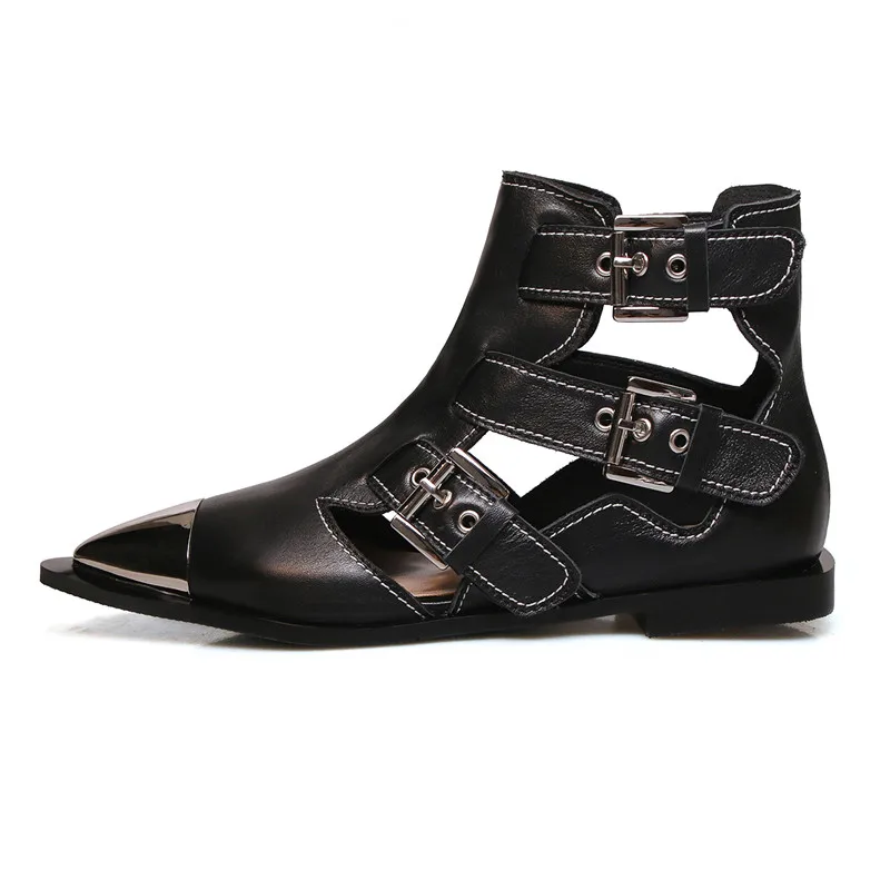 

2019 Summer Women's Pure Color European and American Fashion Pointed Toe Hollow Button Low Heel Iron Head Leisure Leather Shoes