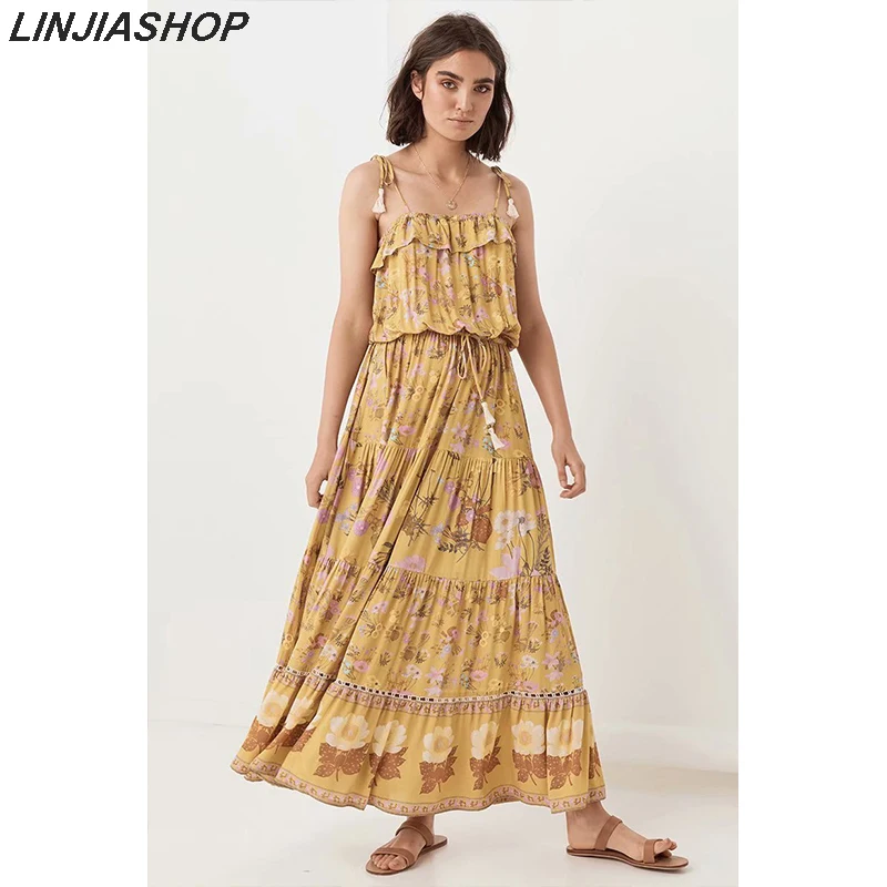 

Boho print long summer dress women robe femme with adjustable straps rayon plus size pregnant clothing women's dress yellow