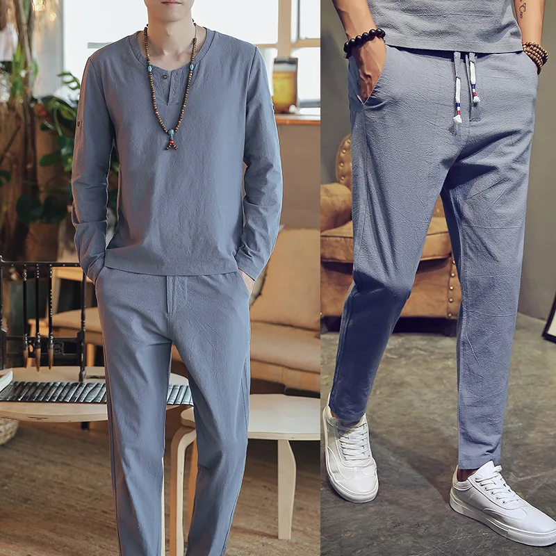

New Men 2pcs Set Cotton Linen Casual Men's Suit Thin Men Set Loose Long-sleeved T-shirt + Pants Large Size