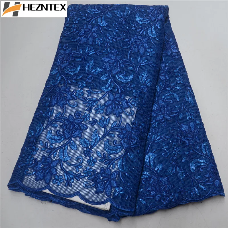 

High Quality Nigerian Royal Blue Sequins Lace Fabric Embroidered African French Net Lace Fabric Best Selling For Dress PSA499-1