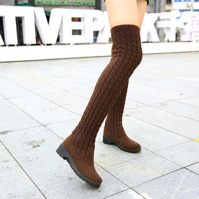Women's Boots 2019 Autumn Winter Thigh High Boots For Woman Shoes Knitting Wool Long Boot Women Brown/Black Boot Ladies Shoes