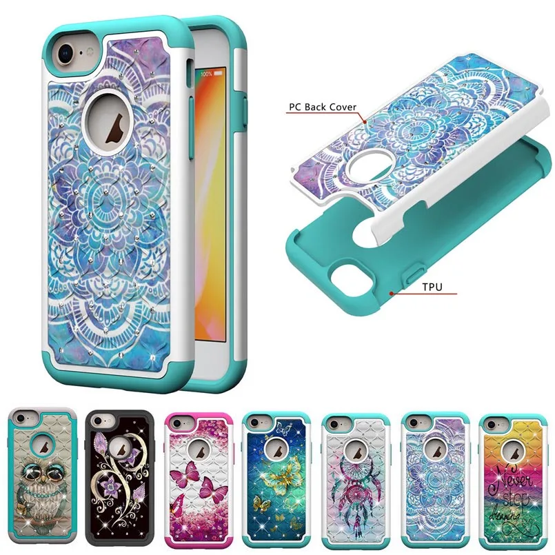 Case for iPhone 7 Plus Painted Pattern PC and TPU Bling Glitter Diamond Cover for iPhone 6 Plus 6s Plus 8 Plus Armor Phone Cases 6