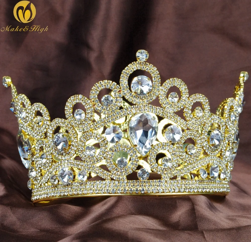 Glittery Wedding Bridal Tiara Diadem Rotonda Oro Corona Austriaca Strass Accessori Per Capelli Delle Donne di Spettacolo Costumi Del Partito