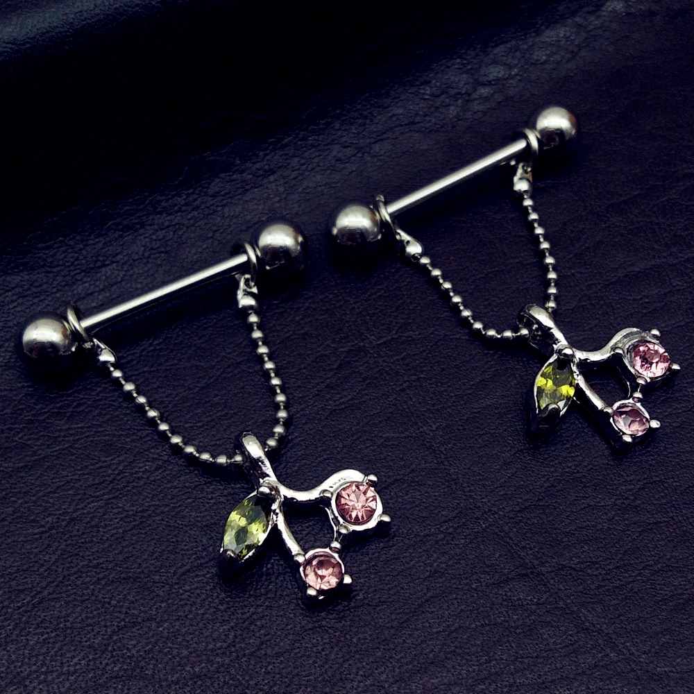 2pcs nipple ring 14G Pink Cherry stainless Steel nipple chains Nipple