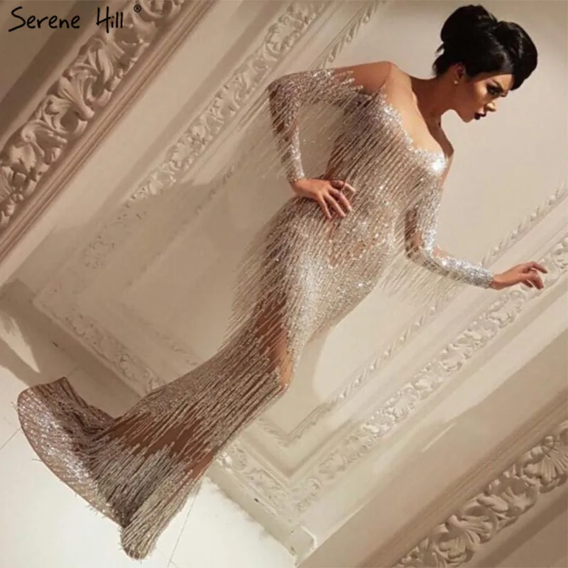 

Dubai Champagne Long Sleeve Sexy Prom Dresses 2019 Beading Tassel Elegant Mermaid Prom Gowns Serene Hill BLA6559