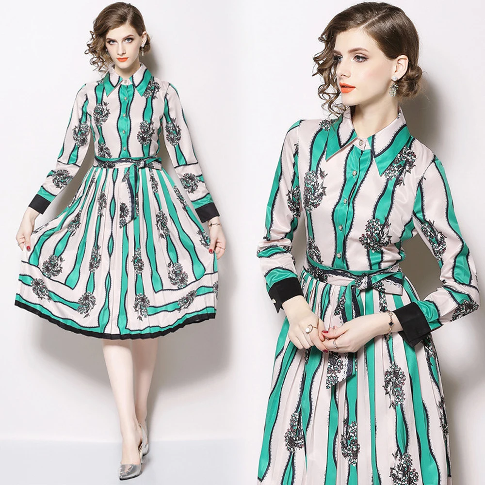 Image Dress female summer 2019 European women stripe Polo collar long sleeve bow tie waist slim slimming long paragraph pleated dress