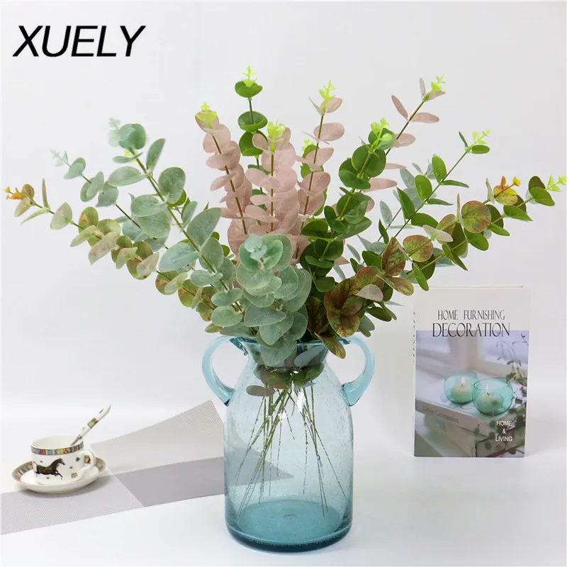 

6pcs Artificial green plant Single branch eucalyptus leaf fake flower DIY wedding Flower wall materials home vase decoration