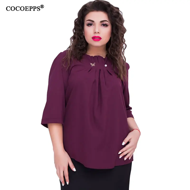 

COCOEPPS Summer Big Size Chiffon Casual Loose Tops For Women 2019 Fashion Elegant Three Quarter Sleeve Solid Office Shirt 6XL