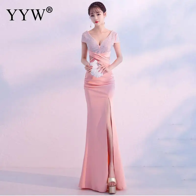 Robe De Soiree сексуальное платье с глубоким v-образным вырезом, расшитое блестками, женское элегантное вечернее платье с открытой спиной, вечерние платья с разрезом сбоку, Длинные вечерние платья знаменитостей - Цвет: pink