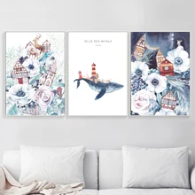 Abstract Whale Beacon Flower Deer Wall Art Canvas Painting Nordic Posters And Prints Wall Pictures For Living Room Home Decor