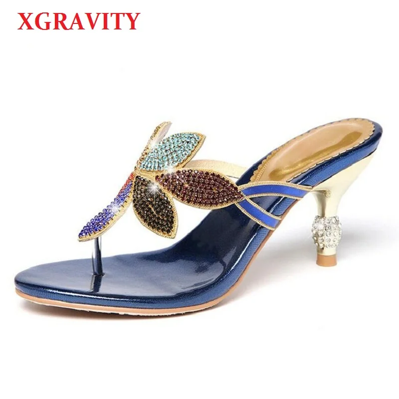 XGRAVITY Летняя обувь новые женские туфли на тонком каблуке пикантные Стразы с