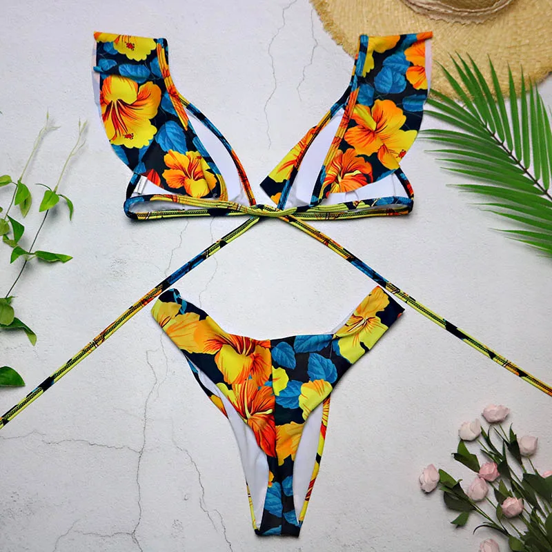 2019 New Sexy Swimwear Off Shoulder Print Ruffled Bikini Mujer Women Swimsuit Brazilian V Neck Bikini Set Thong Biquinis 3761
