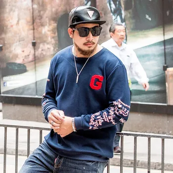 

Tide brand large size men's new plus fertilizer to increase loose round neck was thin extra Large plus velvet thermal Sweatshirt