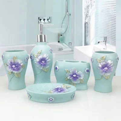 Синий зеленый цвет смолы 5 шт., набор для ванной из пяти частей свадебные туалетные принадлежности креативные чистящие чашки принадлежности для ванной комнаты украшение дома - Цвет: 1