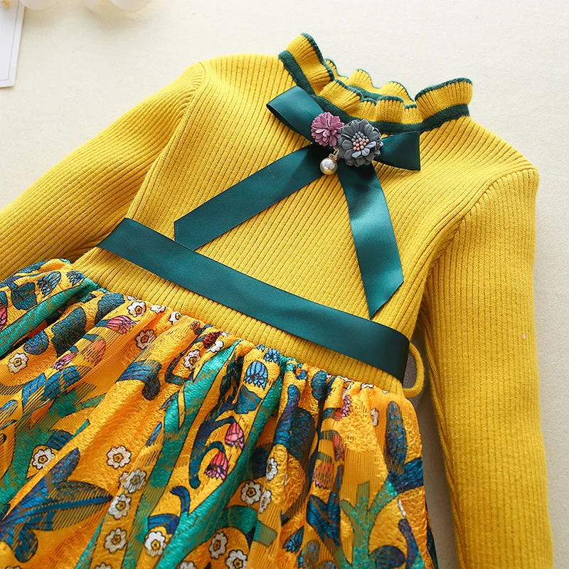 Милое платье-свитер для маленьких девочек коллекция года, весенне-осенние вечерние платья принцессы с длинными рукавами и милыми цветами для девочек возрастом от 2 до 10 лет
