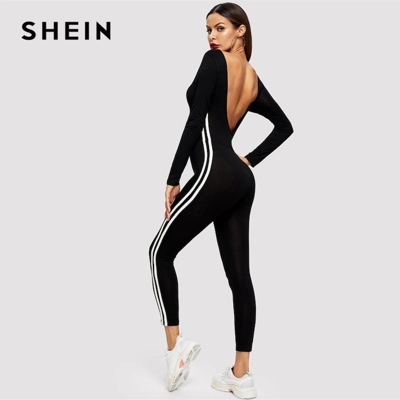 SHEIN Комбинезон В Полоску С Открытой Спиной Женский Черный Спортивный Длинными