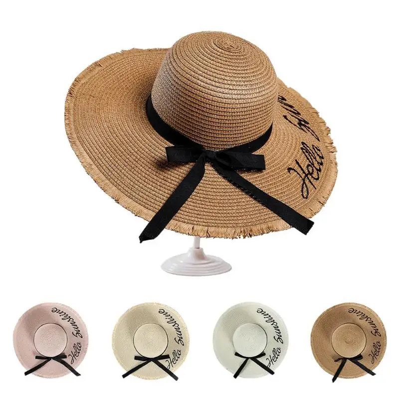 Вышивка Летняя женская соломенная шляпа с широкими полями Защита от солнечных лучей для пляжа шляпа регулируемые складываемые солнечные шляпы