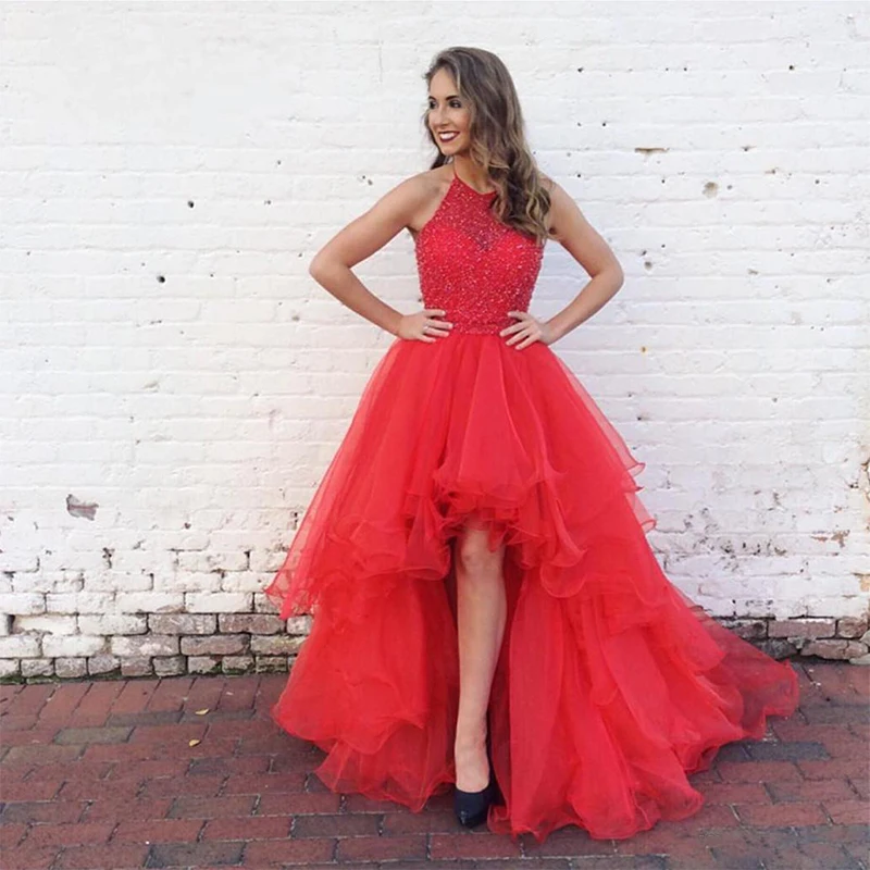 

New Arrival Halter Neck High Low Prom Dresses 2019 Off Shoulder Beaded Ruffles Tulle Vestido De Festa For Formal Party X-307