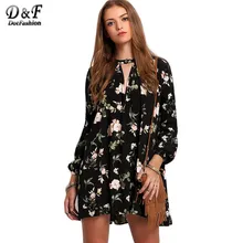 Dotfashion Повседневная Женская элегантное платье Boho Vintage платья Женская мини-платье черный полный рукав фонарик Floral Print Shift Dress