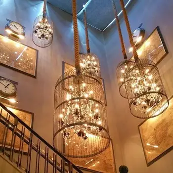 

Retro Cage Crystal Pendant Light Indoor Lamp For Home Coffee shop Loft Creative Balcony Restaurant LED E14