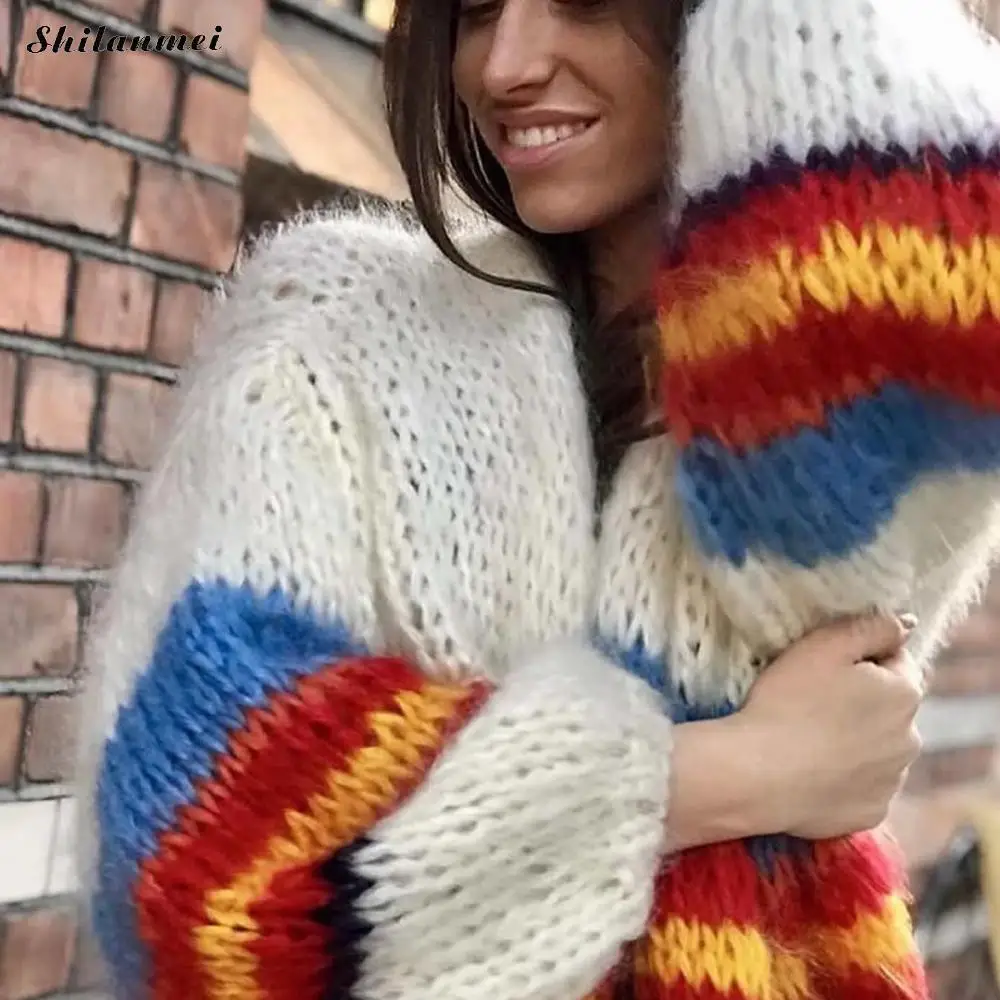 

2019 Autumn Sweater Women Cardigan Rainbow Pattern Long Sleeve Sweater Coat Oversized Korean Casual Loose Short Coat Knitted