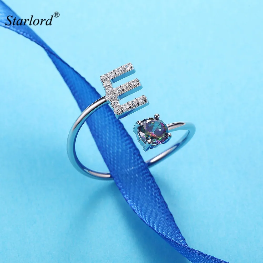 Initial E Letter Ring 925 Sterling Silver Cubic Zirconia Crystal Ring Adjustable Silver Ring