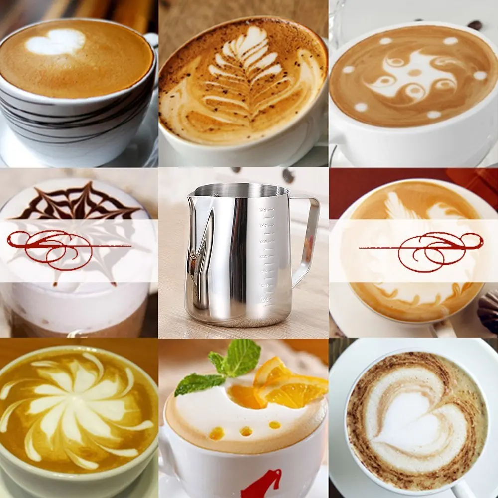 Nukka Jarra de acero inoxidable para espumar leche con medidas con bolígrafo para decoración de arte y 3 plantillas de café y café ideal para máquinas de café expreso 