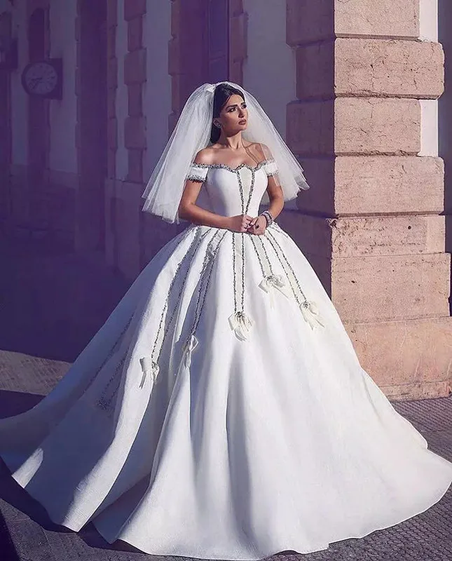 Роскошные арабские свадебные платья невесты с открытыми плечами Кристалл Бисероплетение Аппликации луки бальное платье собора шлейф на шнуровке с открытой спиной