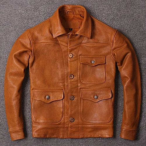 Распродажа для Мужчин Весенняя мода крупного рогатого скота кожа Винтаж дизайн куртка в байкерском стиле - Цвет: Оранжевый