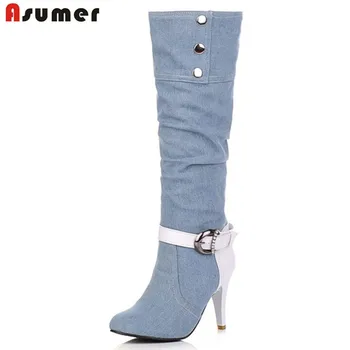 

ASUMER Plus Size Pointed Toe Women Spring Autumn High Heels Denim Knee High Boots Lady 2020 New Fashion Jean Long Boots