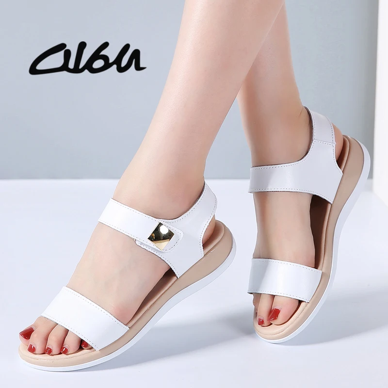 O16U Flat Heels Sandals Shoes Women Genuine Leather T Strap basic Mam Sandals White beige Casual Beach Sandals Female Summer