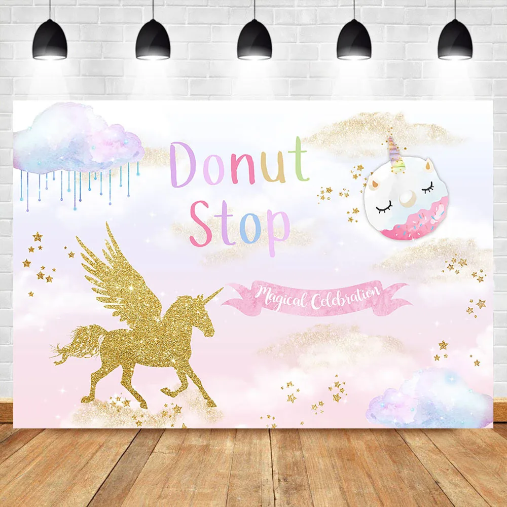 

NeoBack Donut Stop Backdrop Golden Unicorn Magical Celebration Photography Backdrops Pink colorful clouds Background Photography
