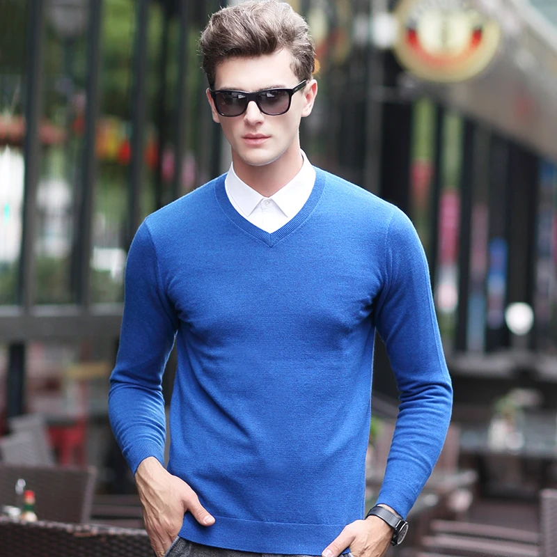 2016 New Style Fashion 100% Wool Knit V Neck Men Sweater Solid Color ...