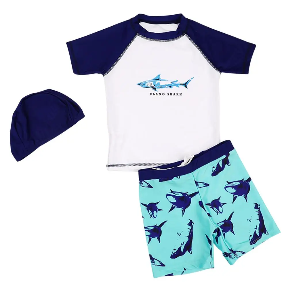 Kidlove Kids Boys Swimsuit Shark Pattern Beach Sunscreen Top Shorts Hat