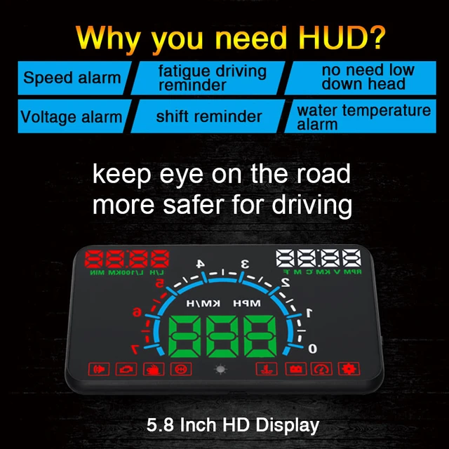 Affichage tête haute E350 5.8 pouces voiture HUD / OBD2